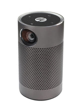 HP portable projector in a sleek cylindrical design, featuring a perforated metal grille, a clear lens, and a top control panel with the HP logo, set against a plain white background.
