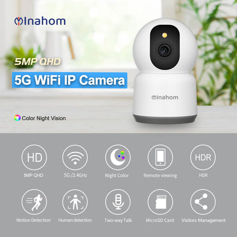 Pan & Tilt Full HD 5MP Smart Camera with Wi-Fi Support 2.4G or 5G Wi-Fi Motion detection alarm Human Alarm Phone push alarm Supported max 128GB microSD card for recording and playback