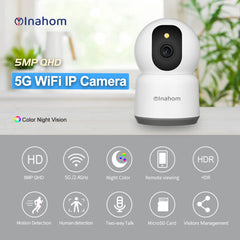 Pan & Tilt Full HD 5MP Smart Camera with Wi-Fi Support 2.4G or 5G Wi-Fi Motion detection alarm Human Alarm Phone push alarm Supported max 128GB microSD card for recording and playback