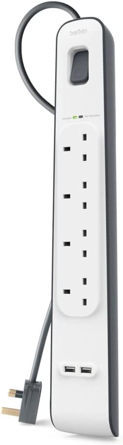 Belkin 4 Way/4 Plug Surge Protection Strip With 2 Meters Cord Length - Heavy Duty Electrical Extension Socket With 2 X 2.4 A Shared Usb Ports