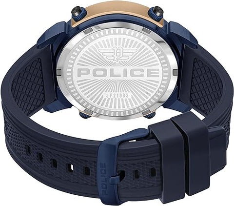 POLICE Rotor Grey/Blue/Rose Gold Dial Complication Watch for Men with a Blue Silicone Strap and Steel Case - PEWJP2108302