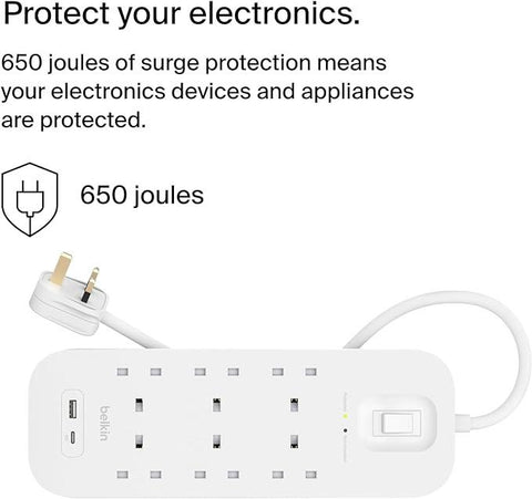 Belkin 6-Outlet Surge Protector Power Strip, Wall-Mountable with 6 AC Outlets, 2M Power Cord, & Green Indicator Light - USB-C Port & USB-A Port w/USB-C PD Fast Charging - 650 Joules of Protection