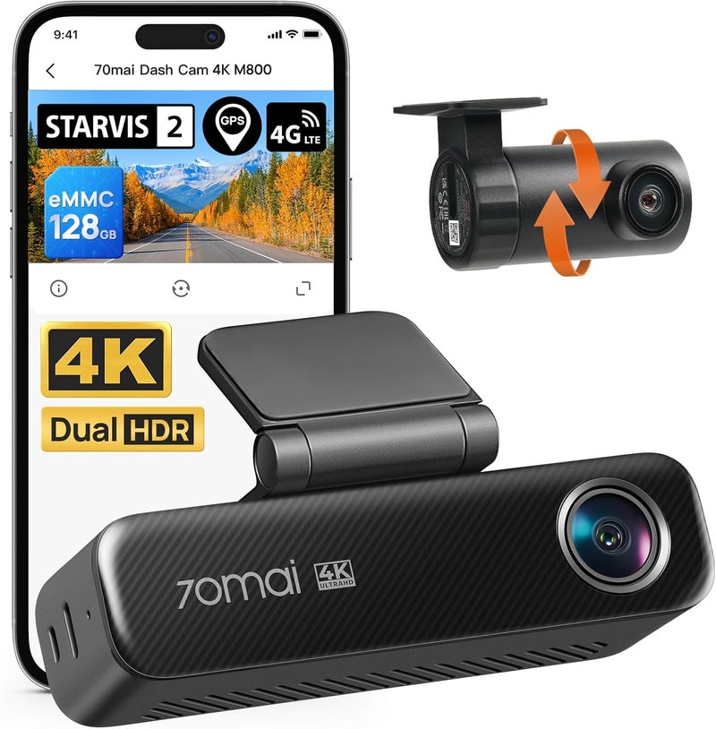 70mai M800 4K Dash Cam with Front and Rear Cameras, STARVIS 2 Night Vision, Dual HDR, 4G LTE, GPS, and 128GB Storage