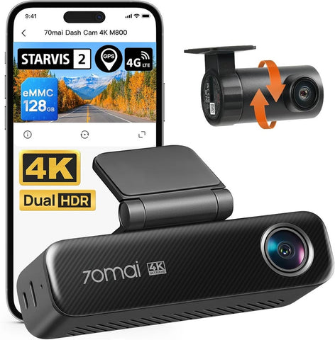70mai M800 4K Dash Cam with Front and Rear Cameras, STARVIS 2 Night Vision, Dual HDR, 4G LTE, GPS, and 128GB Storage