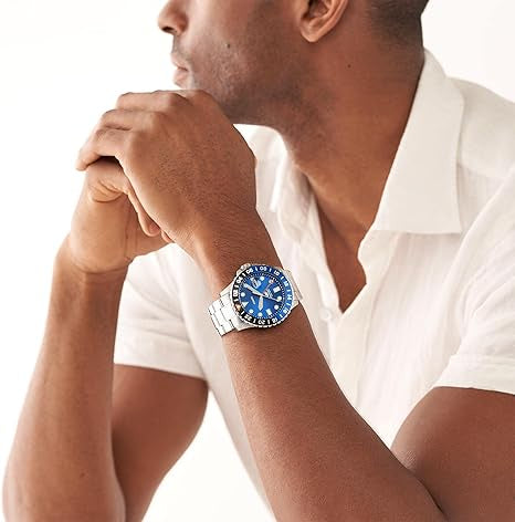 Fossil Men's Blue GMT Stainless Steel Dual Time Watch, Color: Silver (Model: FS5991), Silver, One Size, 46 mm Blue 3 Hand Date Stainless Steel Watch FS5991