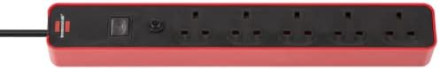 Brennenstuhl Ecolor 5-way extension lead red (Power Strip 5-way with 1,5 m cable, safety fuse button and On/Off switch, 90° angle of sockets)