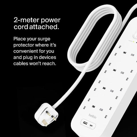 Belkin 8-Outlet Surge Protector Power Strip, Wall-Mountable with 8 AC Outlets, 2M Power Cord, & Green Indicator Light - USB-C Port & USB-A Port w/USB-C PD Fast Charging - 900 Joules of Protection