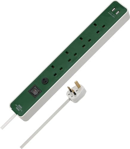 Brennenstuhl Ecolor, 4-way extension lead with USB slots (Power Strip 4-way with safety fuse button, 2x USB connections, power switch and 3m cable, 90° angle of sockets), white/green