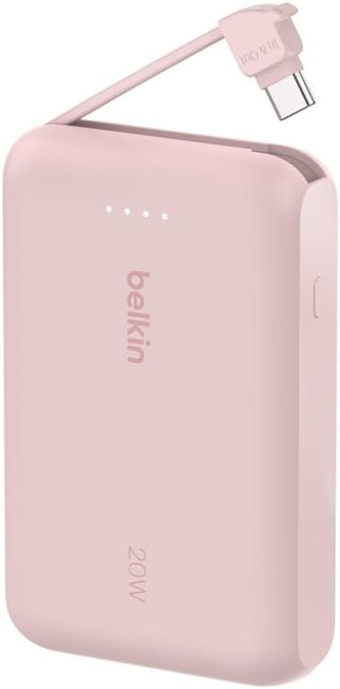 Belkin BoostCharge 10000mAh Power Bank with Integrated USB-C Cable - Pink | 10K Portable Charger, Charge Up to 2 Devices (1 x USB-C Port + Cable), 20W, LED Indicator, Air-Travel Ready, Pre-Charged