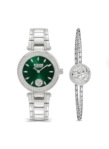 Versus Brick Lane Crystal Collection Ladies Watch 36 Mm With Green Dial And Stainless Steel Bracelet