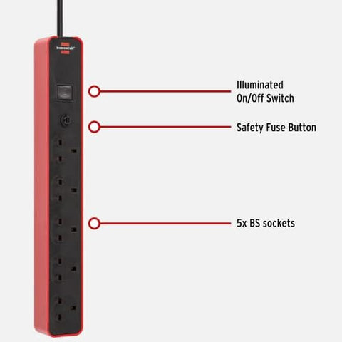 Brennenstuhl Ecolor 5-way extension lead red (Power Strip 5-way with 1,5 m cable, safety fuse button and On/Off switch, 90° angle of sockets)