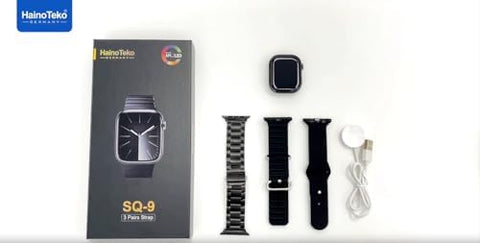 Haino Teko Germany Smart Watch SQ-9 - Black, with AMOLED Touch Square Display and 3 pairs Strap, Slim Premium Design