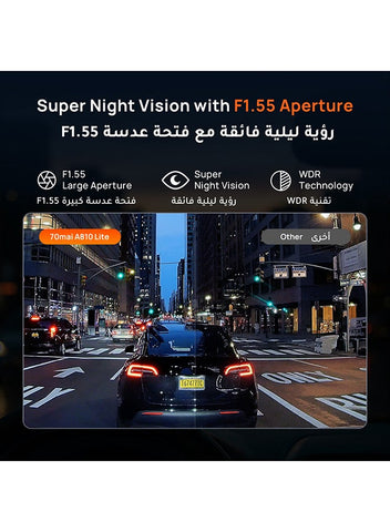 70mai A810 Lite Dash Cam, 4K Front & 1080P Rear, Night Vision, Supercapacitor, 64GB SD Card Included, GPS, 3.18" IPS Display, 24H Parking Mode (Optional)