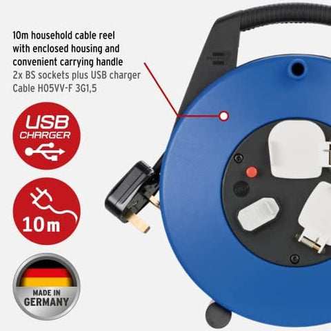 Brennenstuhl Vario Line cable box, 2-way plus USB charger / 10m mini cable reel for indoor use with 2x BS sockets and 2x USB charging units, Made in Germany