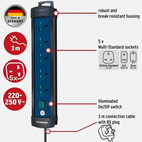 Brennenstuhl Premium-Line Multistandard, 5-way extension lead with 3m extension cable, sockets suitable for BS, U.S. and EURO plugs, black/blue, Made in Germany, 5-way / 3m