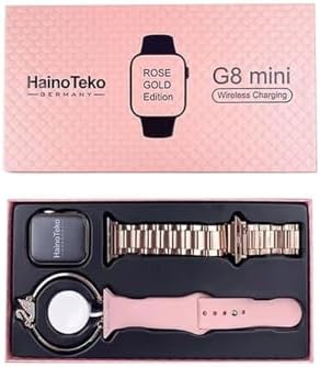 Haino Teko Germany G8 Mini Smart Watch 41mm with Two Set Strap HD Smart Display Rose Gold Edition with Wireless Charger and Beautiful bracelet for Ladies