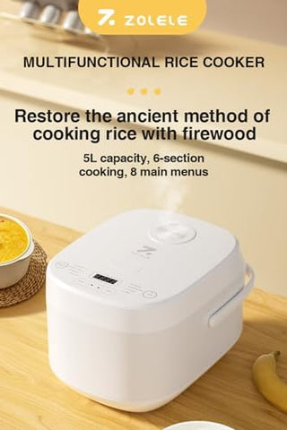 ZOLELE Smart Rice Cooker 5L ZB600 Smart Rice Cooker for Rice, Porridge, Soup, Stew, and More. With 16 Preset Cooking Functions, 24-Hour Timer, Keep Warm Function, and Non-Stick Inner Pot - White