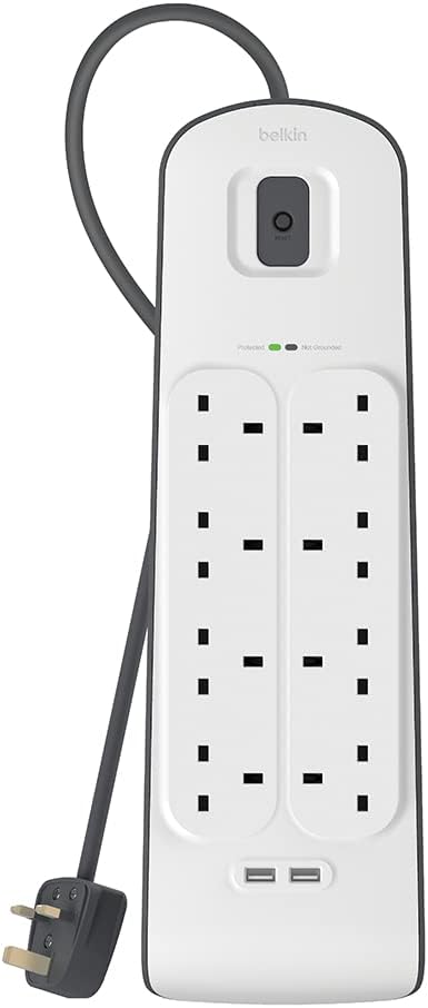 Belkin 8 Way/8 Plug Surge Protection Strip With 2 Meters Cord Length - Heavy Duty Electrical Extension Socket x 2.4 A Shared USB Ports