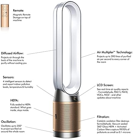 Dyson Purifier Cool formaldehyde Air Purifier (Advanced Technology), HEPA + Catalytic Oxidation Filter, Wi-Fi Enabled, TP09 (White/Gold)