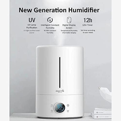 Deerma F628S Touch Display Smart Humidifier for Home | Rooms | Office | Households | 5Liters Capacity UV Lamp Sterilization 3 Gear Mist Volume 12H Timing Touch Display 30dB Low Noise - White