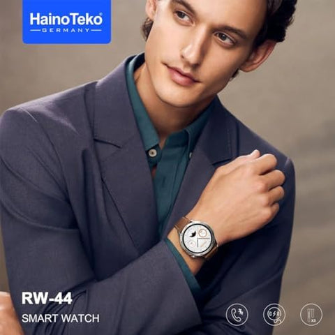 Haino Teko Germany RW44 Round Screen AMOLED Display Smart Watch With 3 Pair Straps and Wireless Charger For Gents and Boys Silver