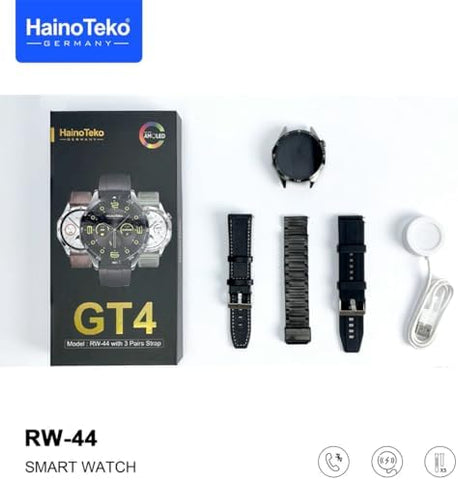 Haino Teko Germany RW44 Round Screen AMOLED Display Smart Watch With 3 Pair Straps and Wireless Charger For Gents and Boys Black