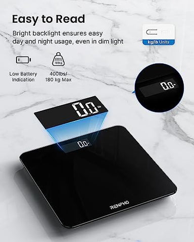 RENPHO Digital Bathroom Scales for Body Weight, Weighing Scale Electronic Bath Scales with High Precision Sensors Accurate Weight Machine for People, LED Display, Black, 180kg, Core 1s