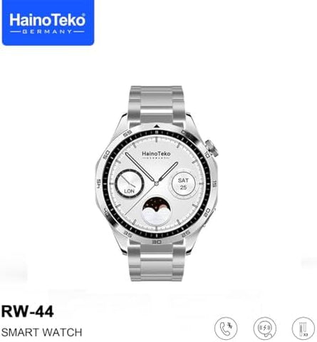 Haino Teko Germany RW44 Round Screen AMOLED Display Smart Watch With 3 Pair Straps and Wireless Charger For Gents and Boys Silver