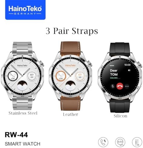 Haino Teko Germany RW44 Round Screen AMOLED Display Smart Watch With 3 Pair Straps and Wireless Charger For Gents and Boys Silver