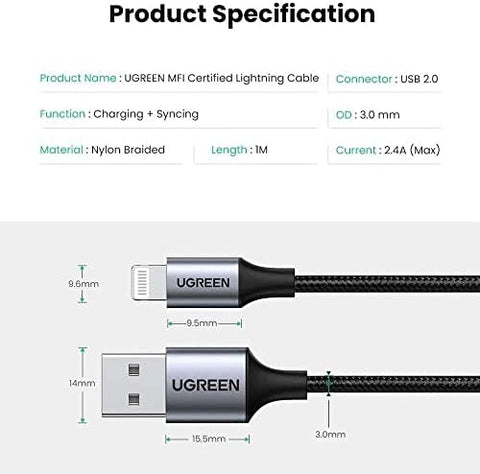 UGREEN US199-60163 USB-A to Lightning MFI Cable Alu Case with Nylon Braided 2m - Silver