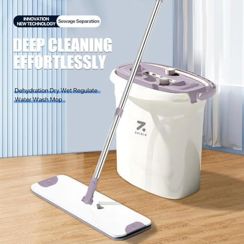 ZOLELE FM01 Mop Dirt Separation And Washing Integrated Wet And Dry Mop Easy To Use and Store Cleaning Tool For Home With 3 Gears Dry Wet Adjustments, Sewage Seperation and Microfiber Cloth Mop - White
