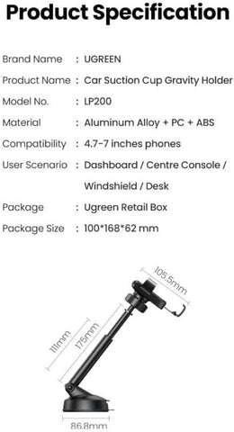 UGREEN 60990 Gravity Phone Holder with Suction Cup (Black) LP200