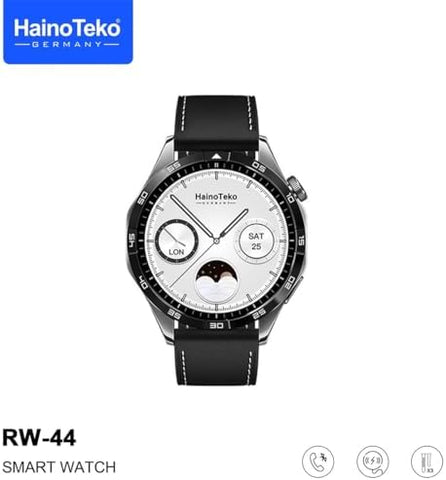 Haino Teko Germany RW44 Round Screen AMOLED Display Smart Watch With 3 Pair Straps and Wireless Charger For Gents and Boys Black