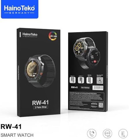 Generic Haino Teko Germany RW41 Round Shape AMOLED Display Smart Watch With 3 Pair Straps and Wireless Charger For Men's and Boys Silver