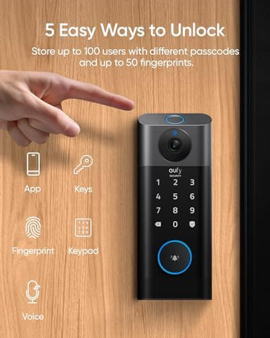 eufy Security S330 Video Smart Lock, 3-in-1 Camera+Doorbell+Fingerprint Keyless Entry Door Lock, BHMA, WiFi Door Lock, App Remote Control, 2K HD, No Monthly Fee, Dual Motion Detection,SD Card Required