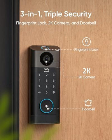 eufy Security S330 Video Smart Lock, 3-in-1 Camera+Doorbell+Fingerprint Keyless Entry Door Lock, BHMA, WiFi Door Lock, App Remote Control, 2K HD, No Monthly Fee, Dual Motion Detection,SD Card Required