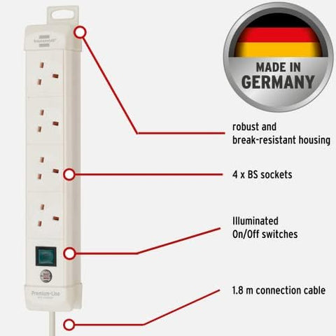 Brennenstuhl Premium Line 4-way extension lead with 1.8 m cable, white, illuminated On/Off switch, Made in Germany