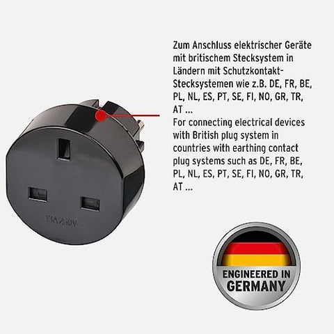 Brennenstuhl 1508530 UK to EU Plug Travel Adapter, Black, Frequency