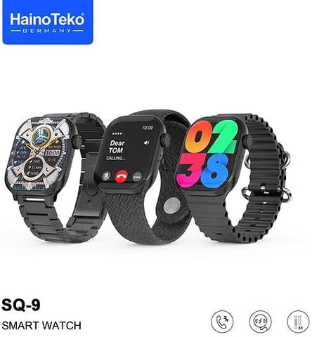 Haino Teko Germany Smart Watch SQ-9 - Black, with AMOLED Touch Square Display and 3 pairs Strap, Slim Premium Design