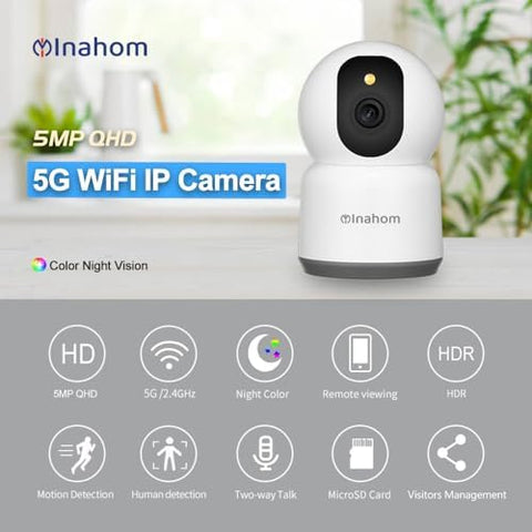 Inahom Pan & Tilt Full HD 5MP Smart Camera with Wi-Fi Support 2.4G or 5G Wi-Fi Motion detection alarm Human Alarm Phone push alarm Supported max 128GB microSD card for recording and playback