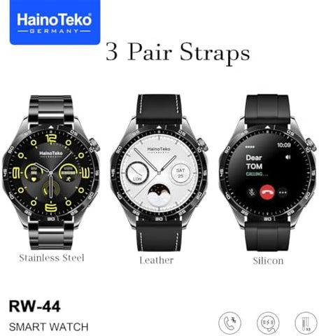 Haino Teko Germany RW44 Round Screen AMOLED Display Smart Watch With 3 Pair Straps and Wireless Charger For Gents and Boys Black