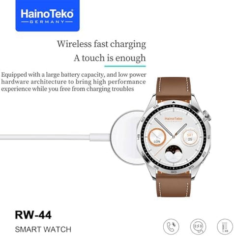 Haino Teko Germany RW44 Round Screen AMOLED Display Smart Watch With 3 Pair Straps and Wireless Charger For Gents and Boys Silver