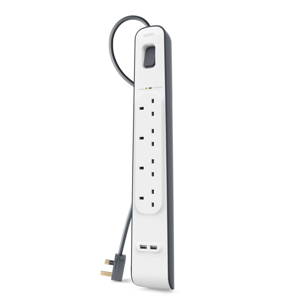 Belkin 6 Way/6 Plug Surge Protection Strip With 2 Meters Cord Length - Heavy Duty Electrical Extension Socket