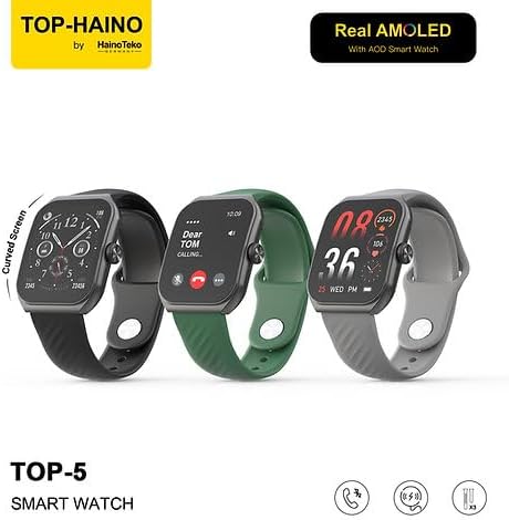 Haino Teko Germany TOP-5 Smart Watch with Curved Glass Screen Real AMOLED Display Square Touch Screen and AOD (Always On Display) Fitness Tracker Watch Made With Carbon Neutral Material 3 Pairs Strap