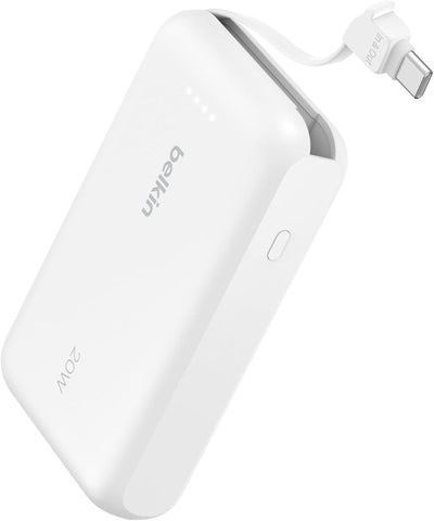Belkin BoostCharge 10000mAh Power Bank with Integrated USB-C Cable - Pink | 10K Portable Charger, Charge Up to 2 Devices (1 x USB-C Port + Cable), 20W, LED Indicator, Air-Travel Ready, Pre-Charged
