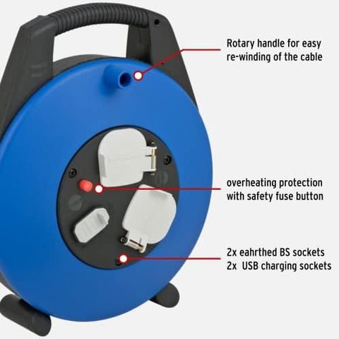 Brennenstuhl Vario Line cable box, 2-way plus USB charger / 10m mini cable reel for indoor use with 2x BS sockets and 2x USB charging units, Made in Germany