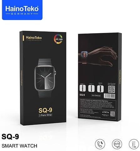 Haino Teko Germany Smart Watch SQ-9 - Black, with AMOLED Touch Square Display and 3 pairs Strap, Slim Premium Design