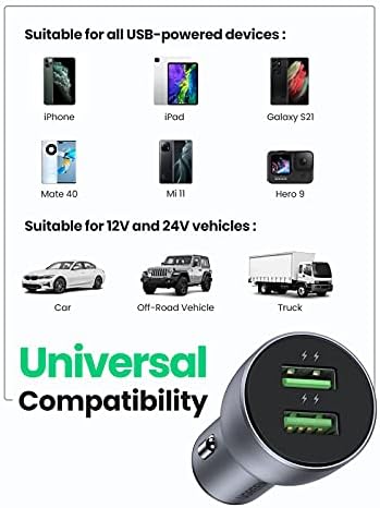 UGREEN Fast Car Charger 36W Dual USB QC 3.0 Quick Charging Aluminum Car Adapter Compatible with iPhone 14/14 Pro/14 Pro Max/13 Pro Max/13/12 Pro Max/SE/11,Galaxy S23/S22/S21,Oneplus 10/9, Xiaomi, etc