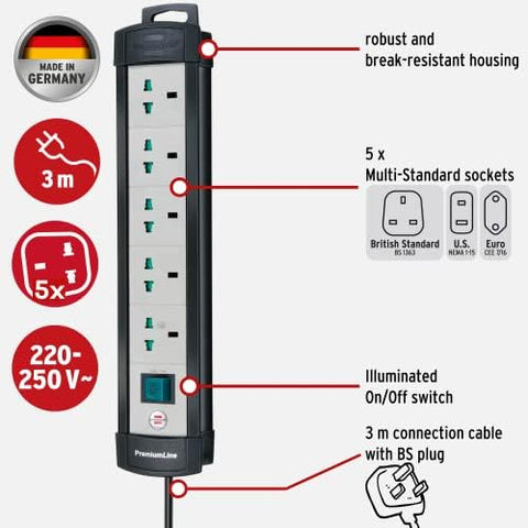 Brennenstuhl Premium Line Multistandard, 5 way extension lead with 3m extension cable, sockets suitable for BS, U.S. and EURO plugs, black/grey, Made in Germany, Black/Light-grey, 5-way / 3m