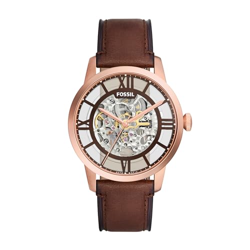 Fossil Men's Townsman Automatic Stainless Steel and Leather Three-Hand Skeleton Watch, Color: Rose Gold/Chocolate (Model: ME3259)